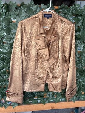 Jones New York Metallic Gold Animal-Print Ruffle Blazer